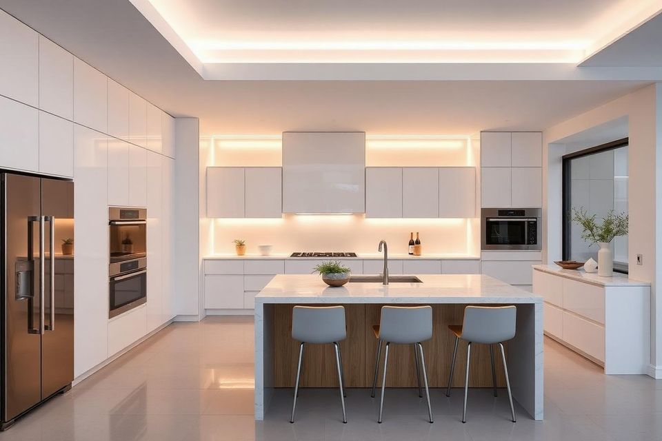Kitchen with layered lighting and concealed technology